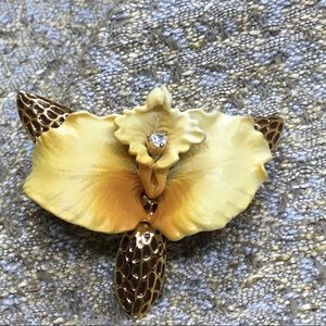 Joan Rivers Signed Porcelain Yellow Orchid Brooch